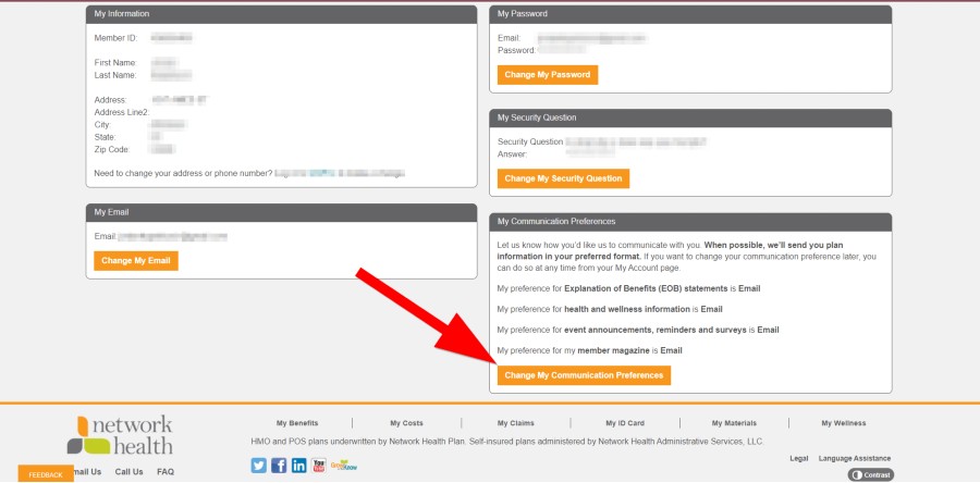 screenshot of network health communication preferences section