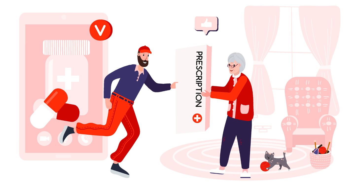illustration of someone delivering a prescription to a senior woman