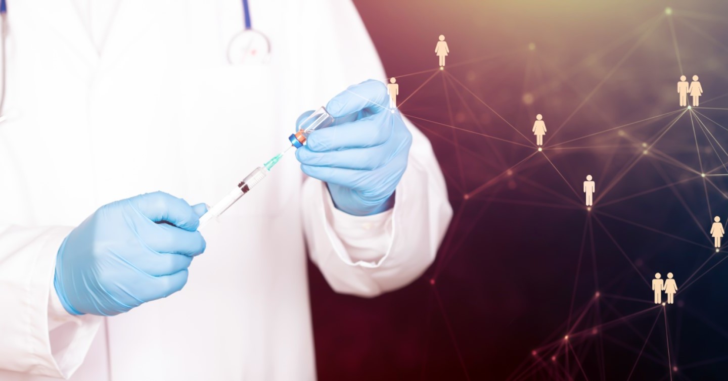 scientist working on covid vaccine and graphic of people connected