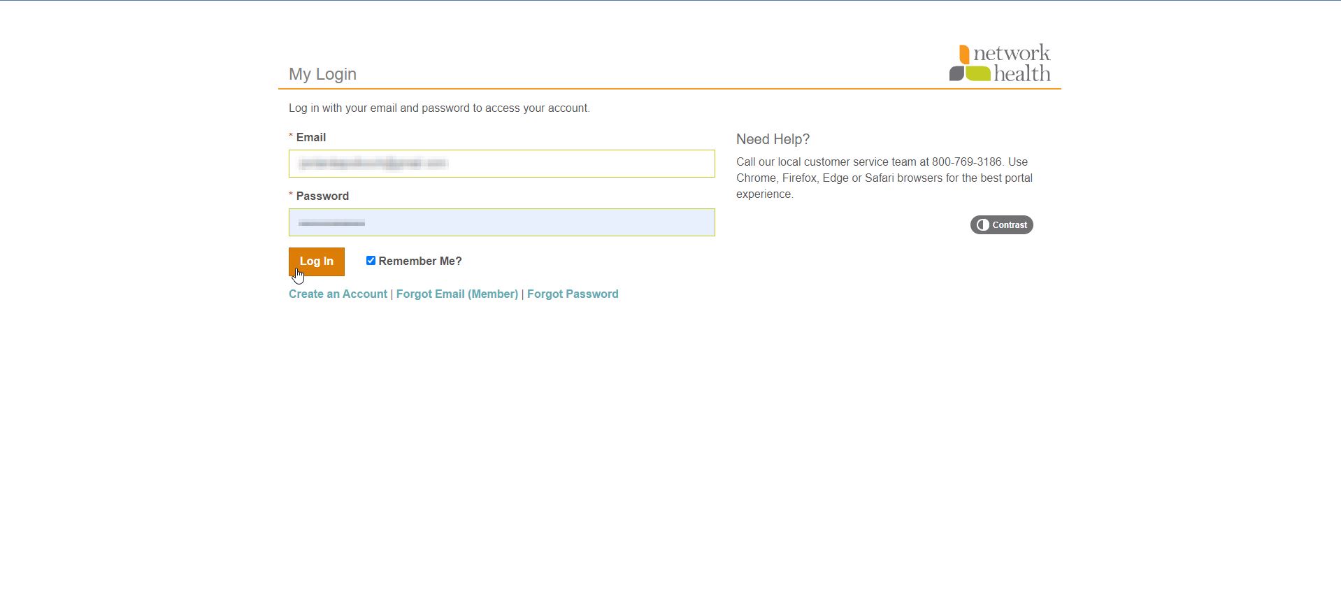network health member portal login screen