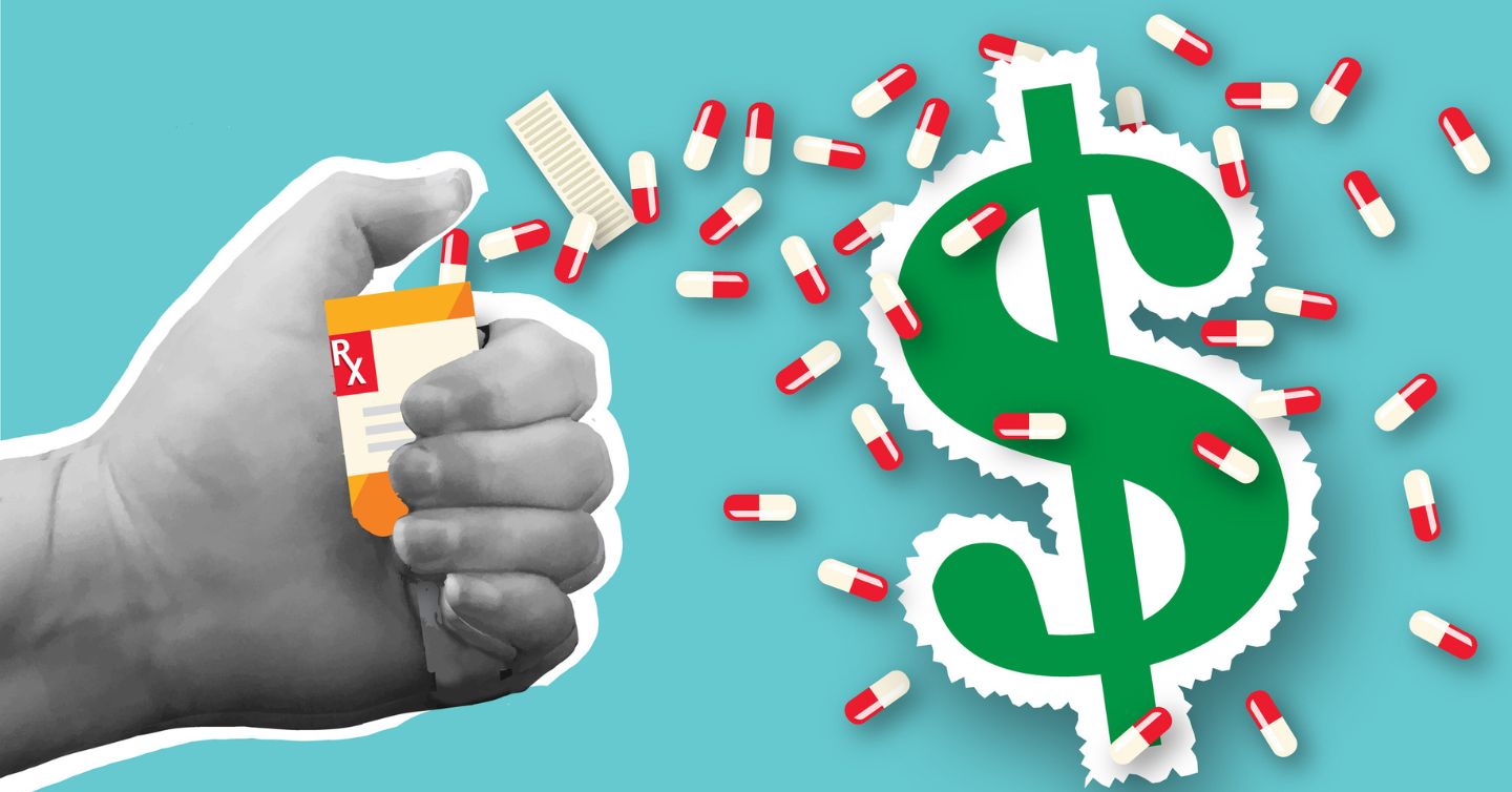 graphic representing medication cost caps showing a hand holding a pill bottle with pills spilling out over a dollar sign